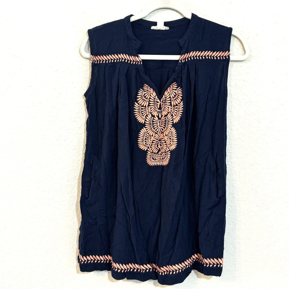 Cousin Earl Navy Blue Embroidered Sleeveless Tunic Top with Pockets Small R7033